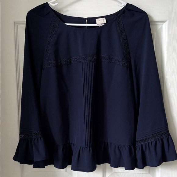 a new day Tops - Navy Ruffle-Hem Blouse with Lace Trim -